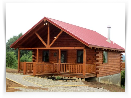 log cabin with wrap around porch and red roof