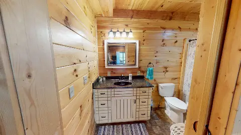Bathroom vanity with mirror and wood-paneled walls